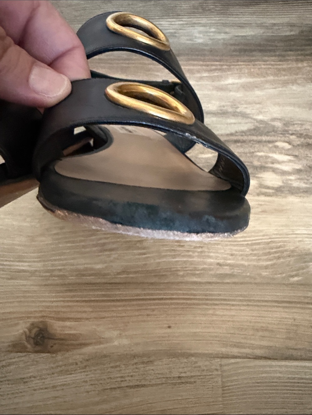 Valentino Black Leather Sandals with Gold Ring Accents - Picture 6 of 15